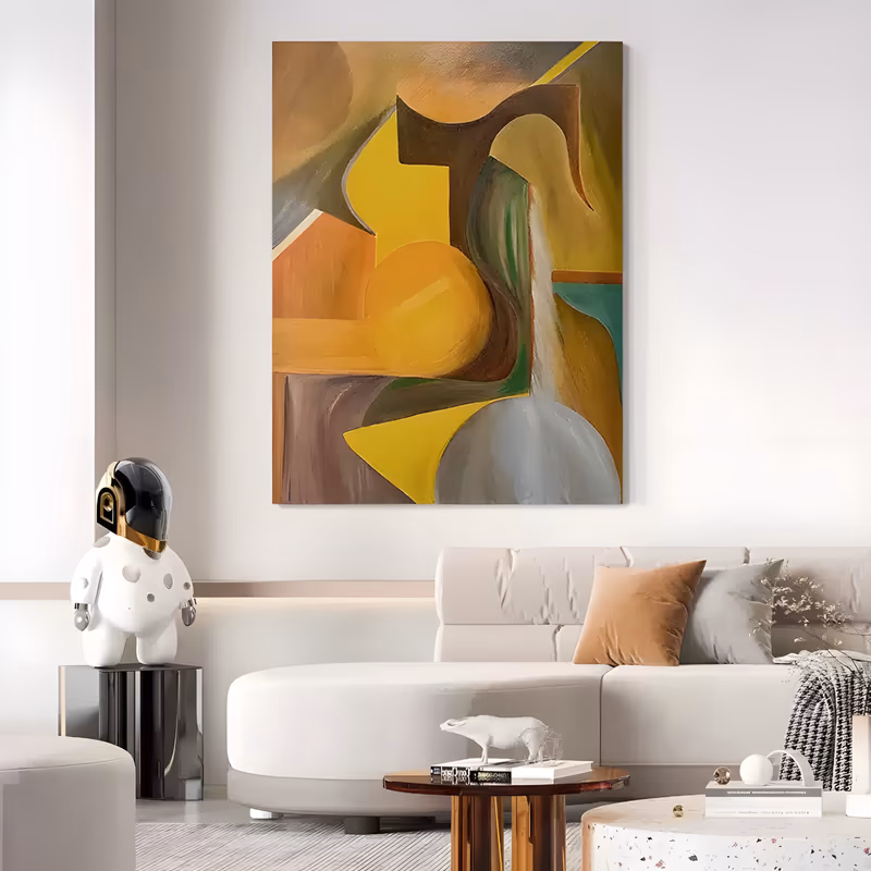 a large vertical abstract painting of interlocking curved and angular forms in ochre, mustard yellow, brown, gray-green and teal, arranged like a cubist still life, in smooth brushed oil