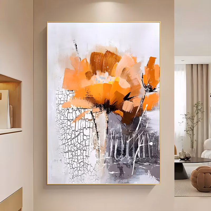 a large vertical semi-abstract painting of an orange poppy with loose petals in the upper half, a panel of white crackle texture at lower left and a gray block at lower right, in thick brushed acrylic
