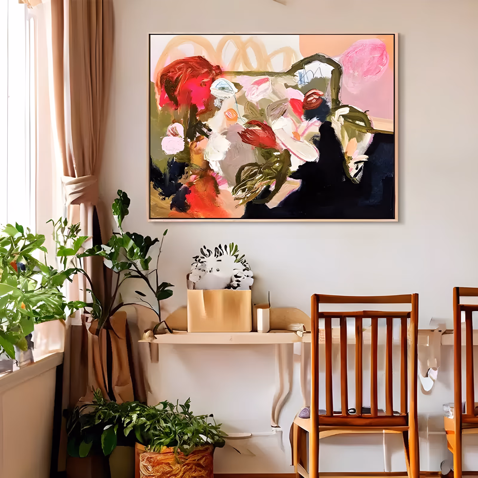 a large horizontal abstract painting of loose roses and buds in crimson, hot pink and cream with olive green leaves, over a pale pink and black ground with tan loops sketched at the top in flat brushed acrylic