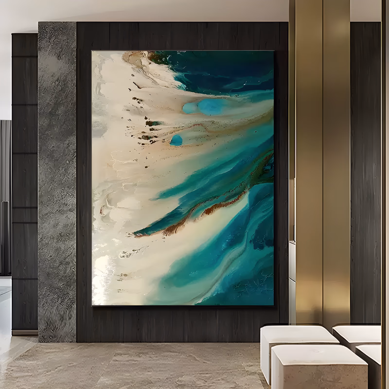 a large vertical abstract painting of a fluid pour resembling an aerial shoreline, turquoise and deep teal water meeting cream sand with fine brown silt lines along the diagonal, in flowing acrylic