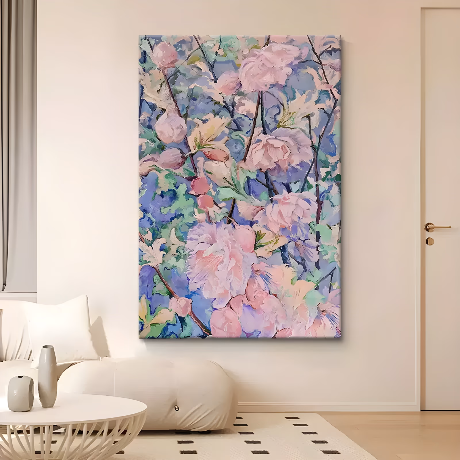 a large vertical impressionist canvas of pale pink blossoms opening on thin dark branches, spread evenly over a periwinkle blue and mint green ground, painted in thick soft-edged palette-knife strokes