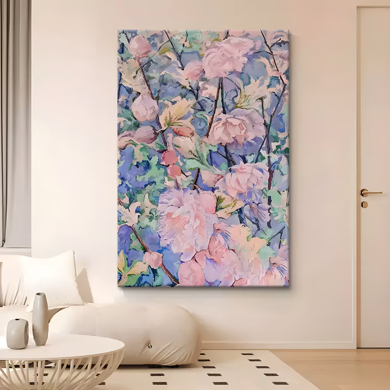 a large vertical impressionist canvas of pale pink blossoms opening on thin dark branches, spread evenly over a periwinkle blue and mint green ground, painted in thick soft-edged palette-knife strokes