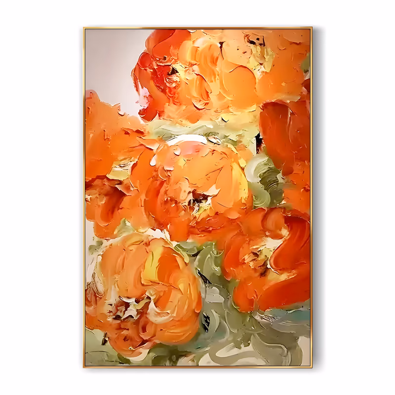 a large vertical floral painting of five orange and apricot peonies stacked up the canvas with sage green leaves between them, built from thick ridged knife strokes on a pale gray ground, in heavy impasto oil