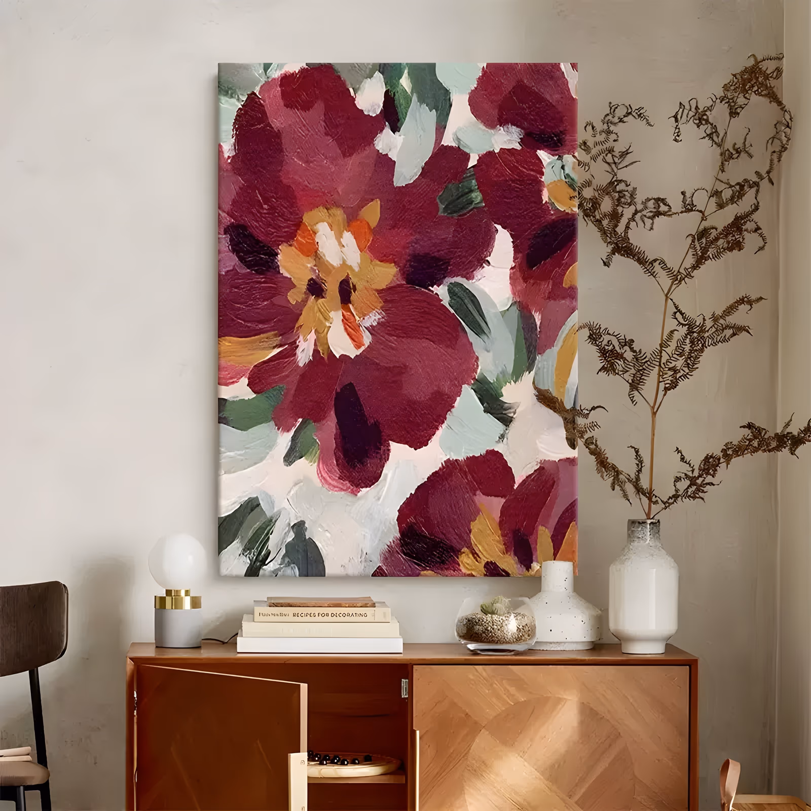 a large vertical floral painting of oversized burgundy anemone blooms with gold and orange centers filling the frame, cut through with sage green and cream brushstrokes in flat matte oil