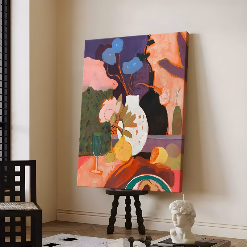 a large vertical modern still life of a white vase holding blue poppies beside lemons and a green glass, set on coral, purple and olive color blocks, in flat matte oil
