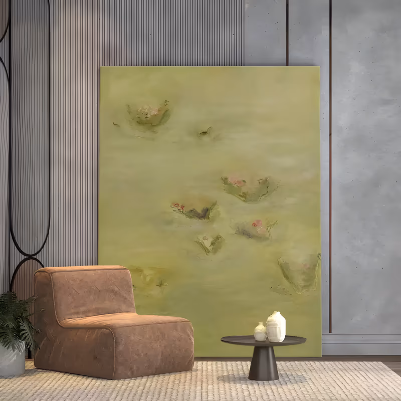 a large vertical wabi-sabi painting of faint lotus leaves and small coral pink blossoms scattered on a chartreuse green pond, painted in soft blended thin acrylic