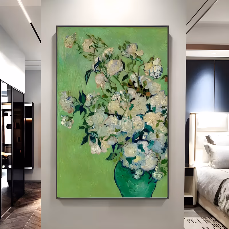a large vertical still life painting of cream and white roses spilling from a green ceramic vase against a bright grass-green background, worked in heavy ridged palette-knife oil