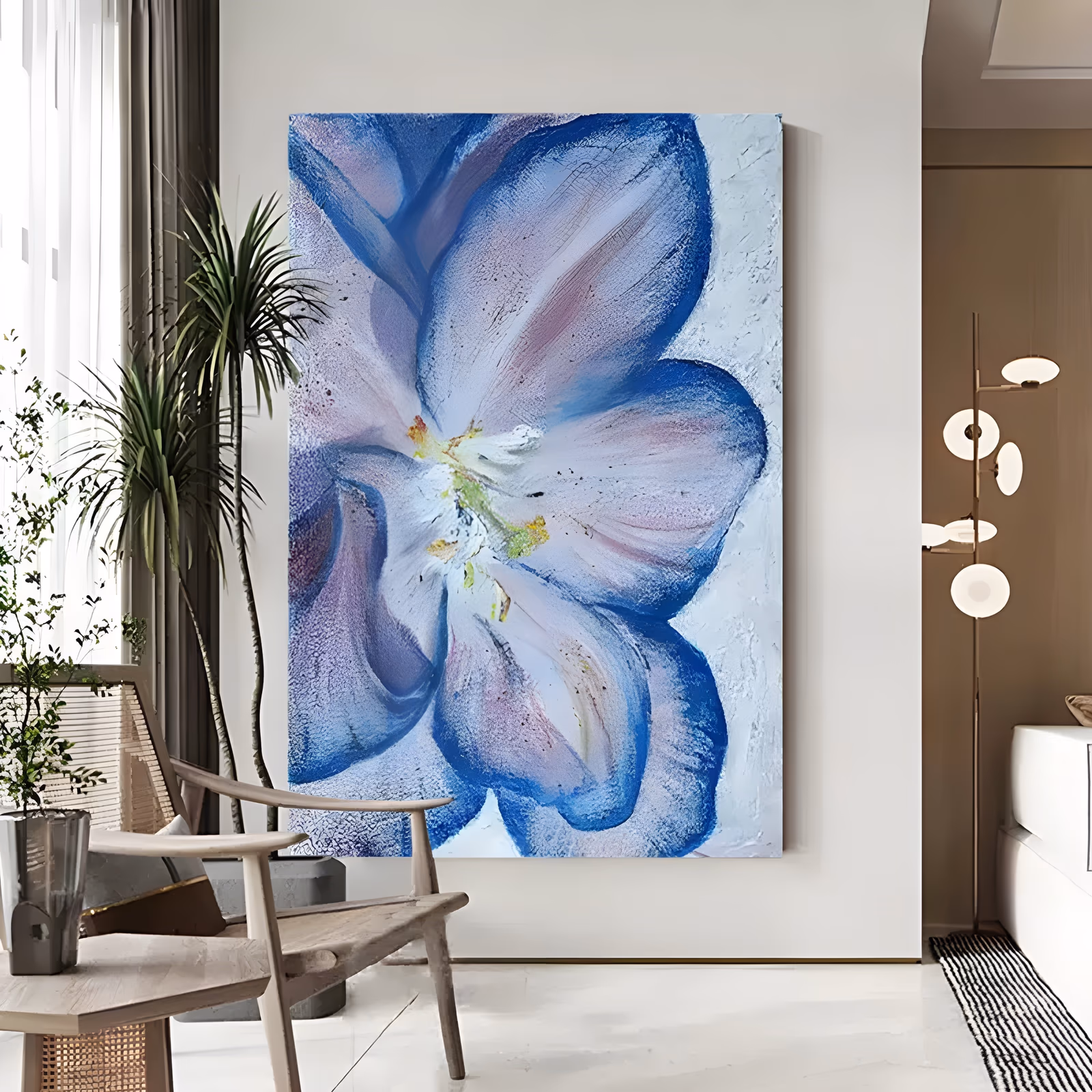 a large vertical close-up of a single blue and white lily, its four broad petals opening from a pale green and yellow center, painted in thick palette-knife impasto on a chalky white ground