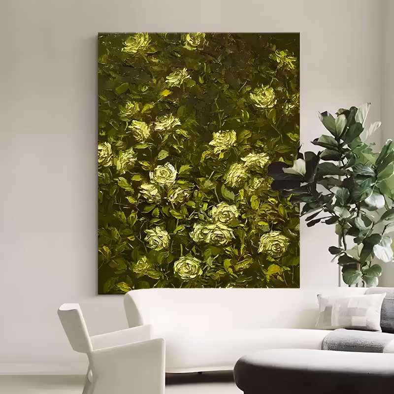 a large vertical textured painting of a dense rose bush seen up close, pale chartreuse and cream blooms opening among dark olive leaves and stems, worked in heavy knife impasto