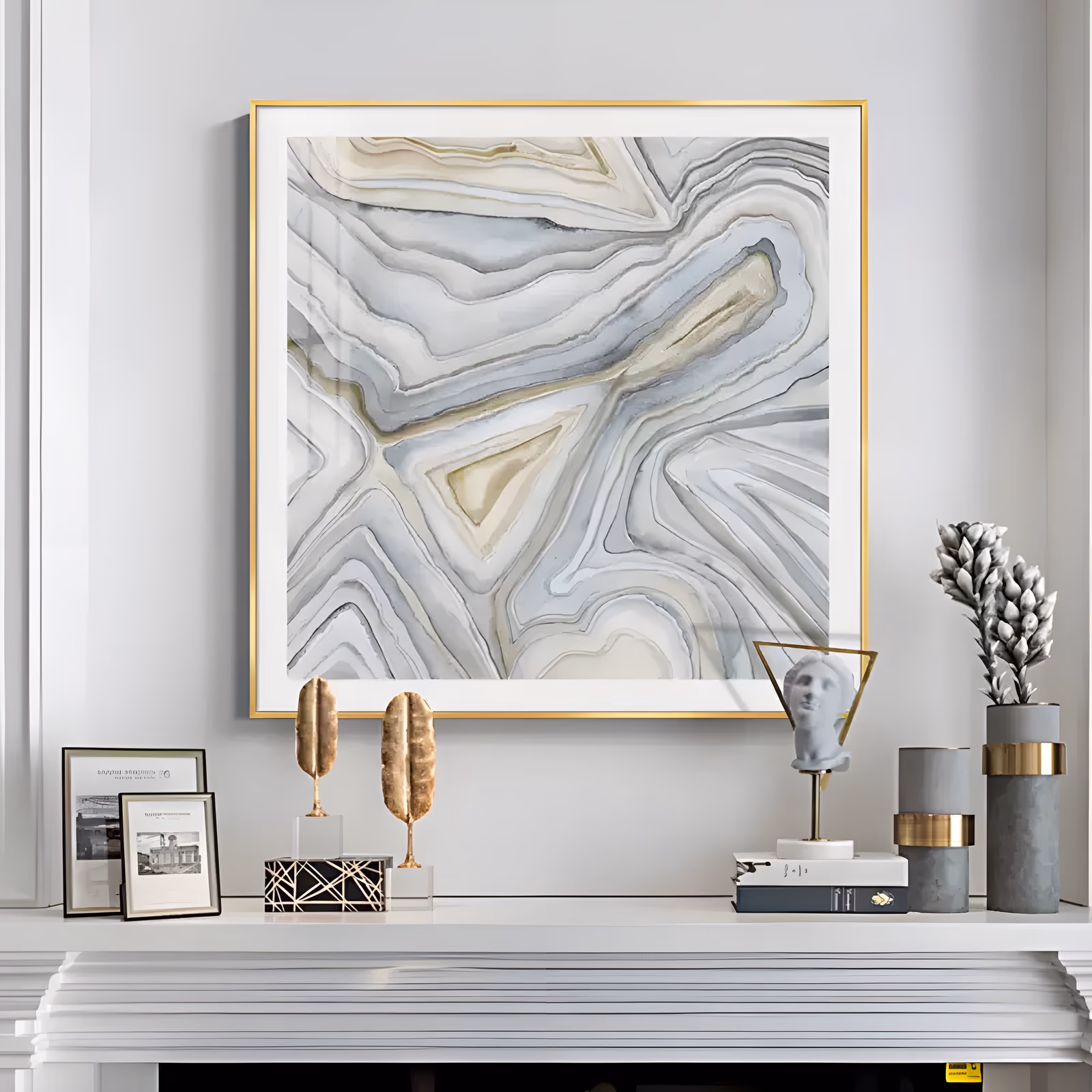 a square abstract painting of agate slice bands in soft gray, white and pale beige, the contour lines nesting around two olive-toned cores at the center, in thin translucent watercolor washes