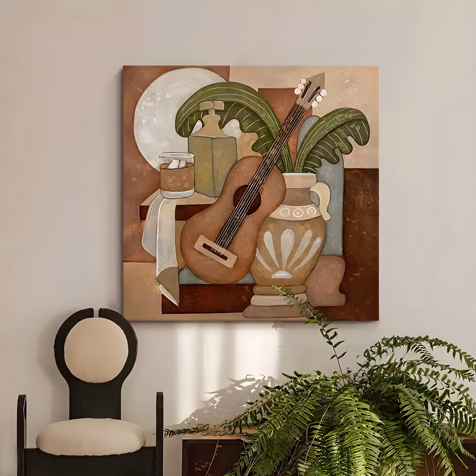 a large square still life painting of a brown guitar leaning on a ribbed cream vase of green palm leaves, with a bottle, a glass and a white moon disc behind, on blocks of terracotta and clay brown, in flat matte paint