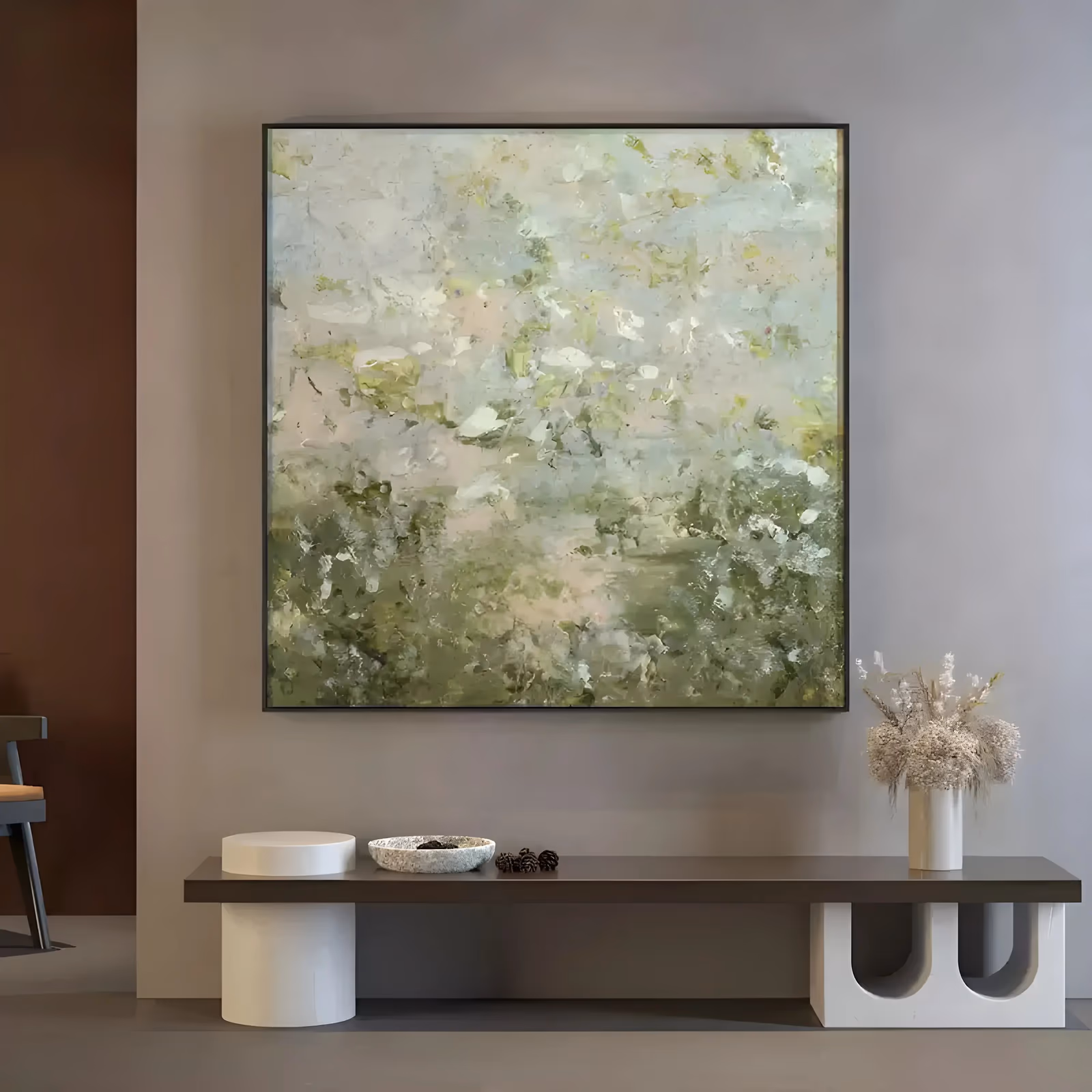 a large square impressionist painting of a hazy spring meadow, with pale white and cream dabs over the upper half suggesting blossom, and denser sage green foliage marks along the bottom, in thick textured paint