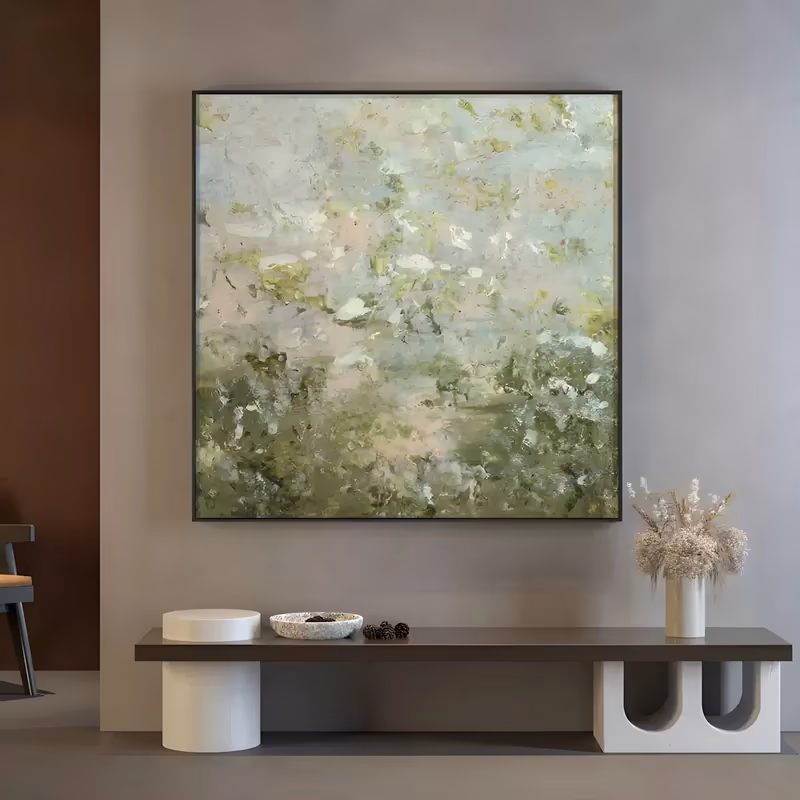 a large square impressionist painting of a hazy spring meadow, with pale white and cream dabs over the upper half suggesting blossom, and denser sage green foliage marks along the bottom, in thick textured paint