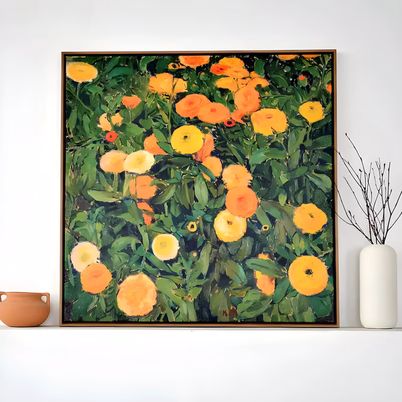a large square floral painting of an orange and yellow marigold bed seen from above, round blooms in orange, gold and cream scattered among deep green leaves on a near-black ground, in soft brushed oil