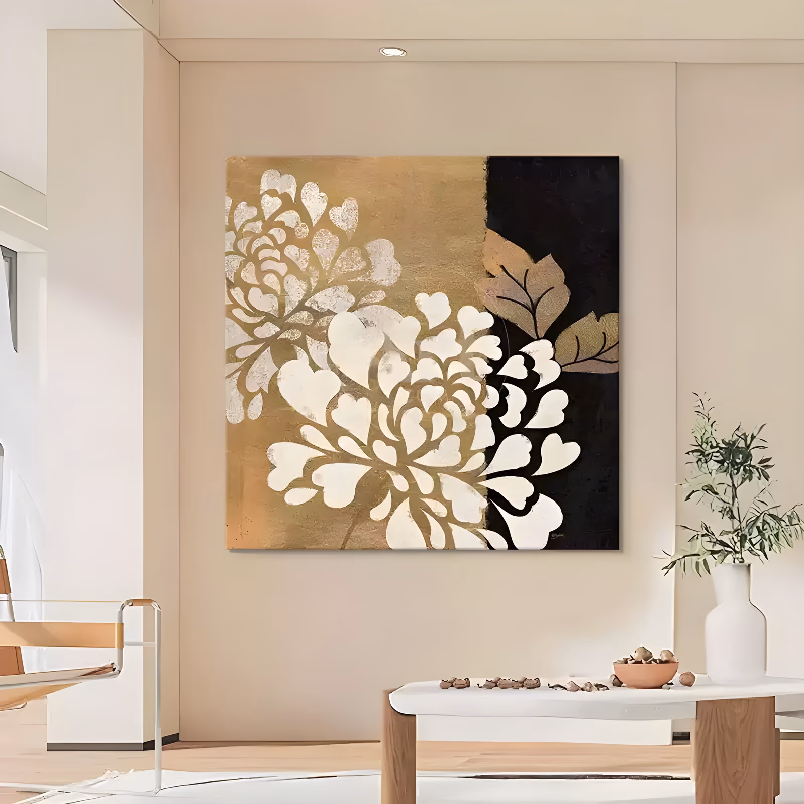 a large square abstract painting of white heart-shaped petals massed into two hydrangea-like blooms at the lower left, set against a gold leaf panel and a black panel with tan leaves, in flat hand-painted acrylic