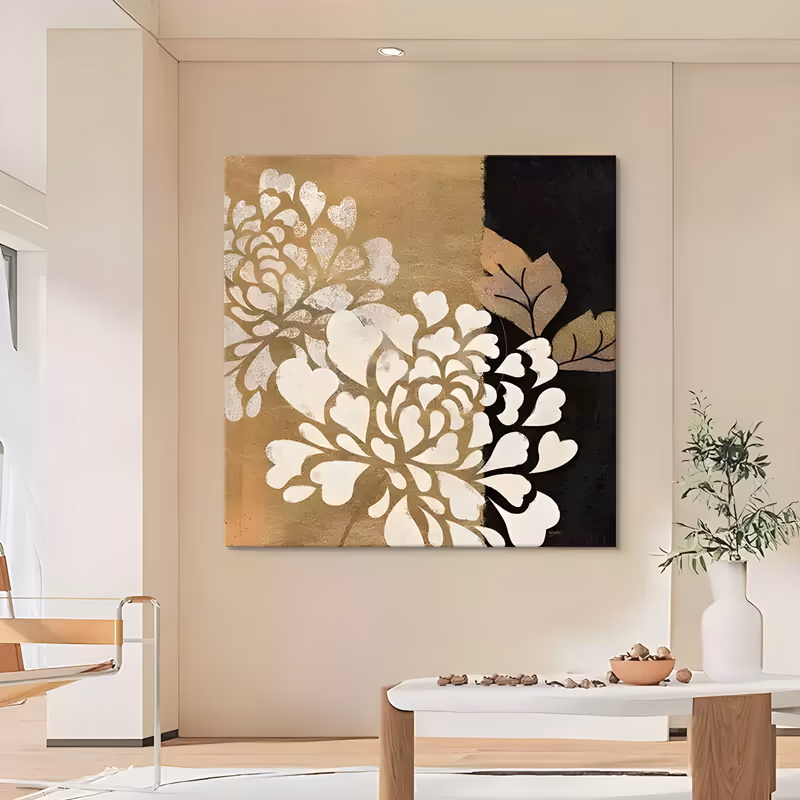 a large square abstract painting of white heart-shaped petals massed into two hydrangea-like blooms at the lower left, set against a gold leaf panel and a black panel with tan leaves, in flat hand-painted acrylic