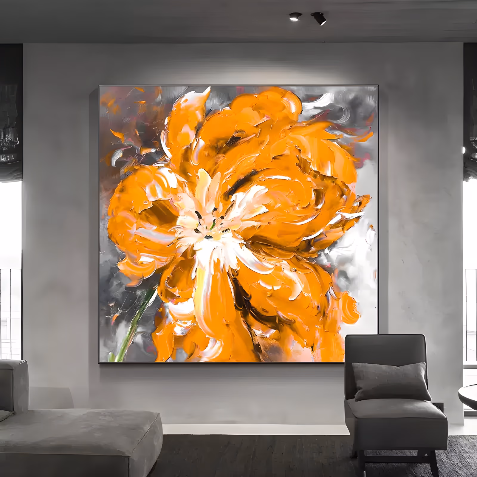 a large square floral painting of one huge orange bloom with ruffled knife-cut petals and a white spiky center, filling the frame against a brushed gray and silver ground, in very thick impasto oil
