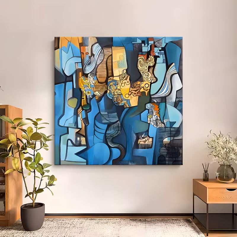 a large square cubist painting of stacked faceted figures and profiles built from flat planes of sky blue, teal and steel gray with mustard and ochre panels through the middle, in acrylic