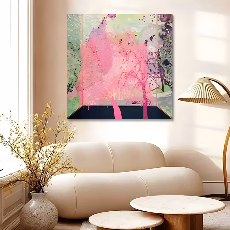 a square semi-abstract painting of pink flowering trees veiled in translucent rose pigment at the center, framed by loose green and lilac foliage above a dark navy floor band, in thin drippy acrylic
