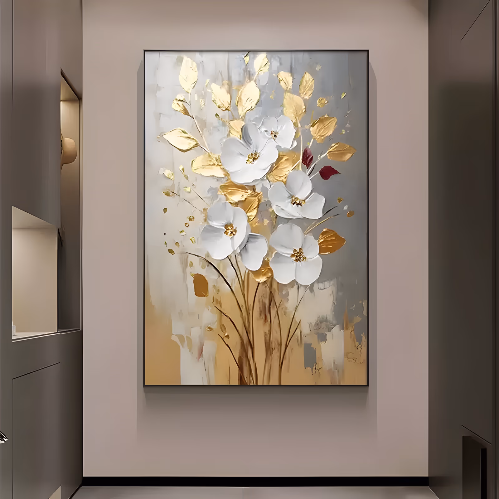 a large vertical impasto floral painting of white five-petal blooms on slim stems with gold-foil leaves fanning above them, one small crimson bud at the right, on a gray and ochre ground in raised knife strokes