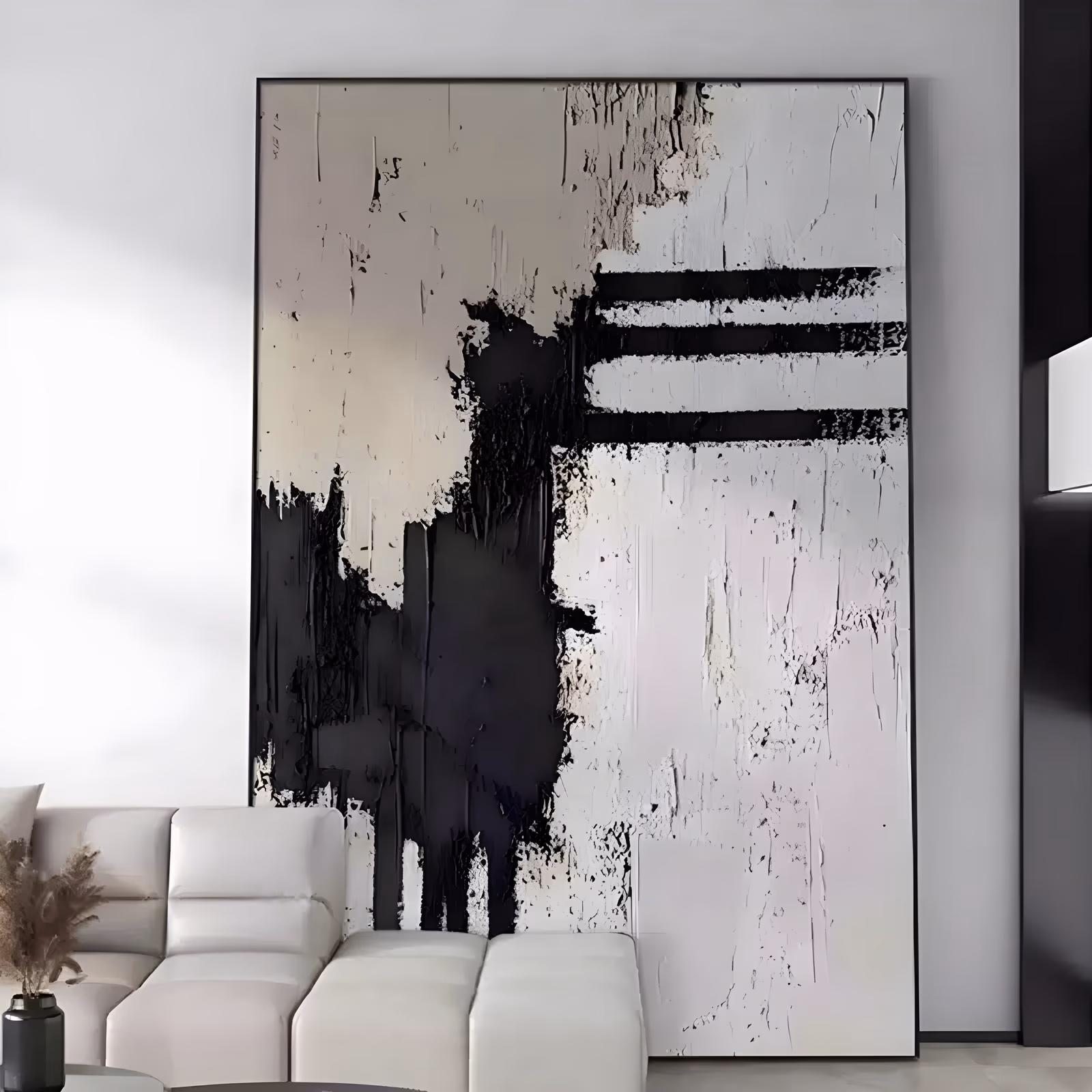 a large vertical abstract painting of a black mass rising into chalky white and greige, with three thick black stripes at upper right, the surface built in heavy raised palette-knife ridges