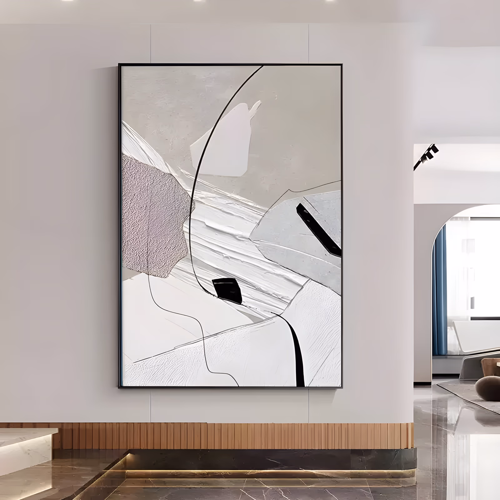 a large vertical minimalist painting of pale gray and white plaster planes with a dusty pink sanded block on the left, two small black marks and thin drawn curves, built in thick knife-laid texture
