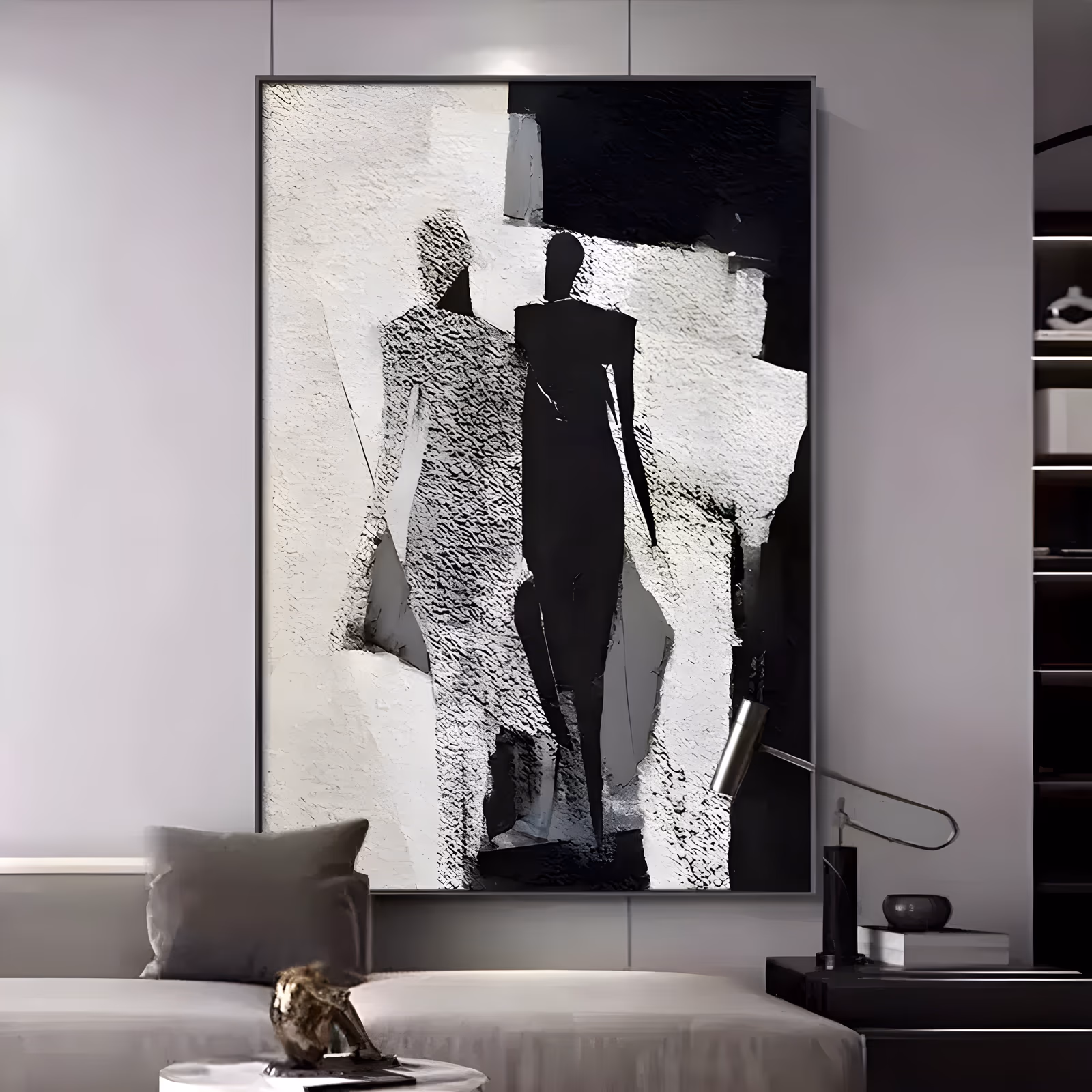 a large vertical figurative abstract painting of two elongated silhouettes, one white and one solid black, standing at the center of a torn black and white ground, in thick sculpted plaster relief