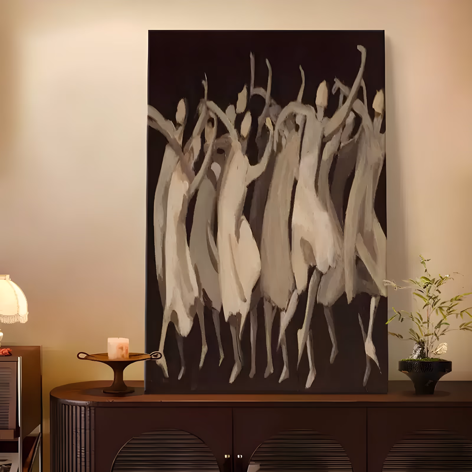 a tall painting of loosely brushed cream and taupe dancing figures with raised arms, ranged shoulder to shoulder on a near-black brown ground, in dry thinned oil