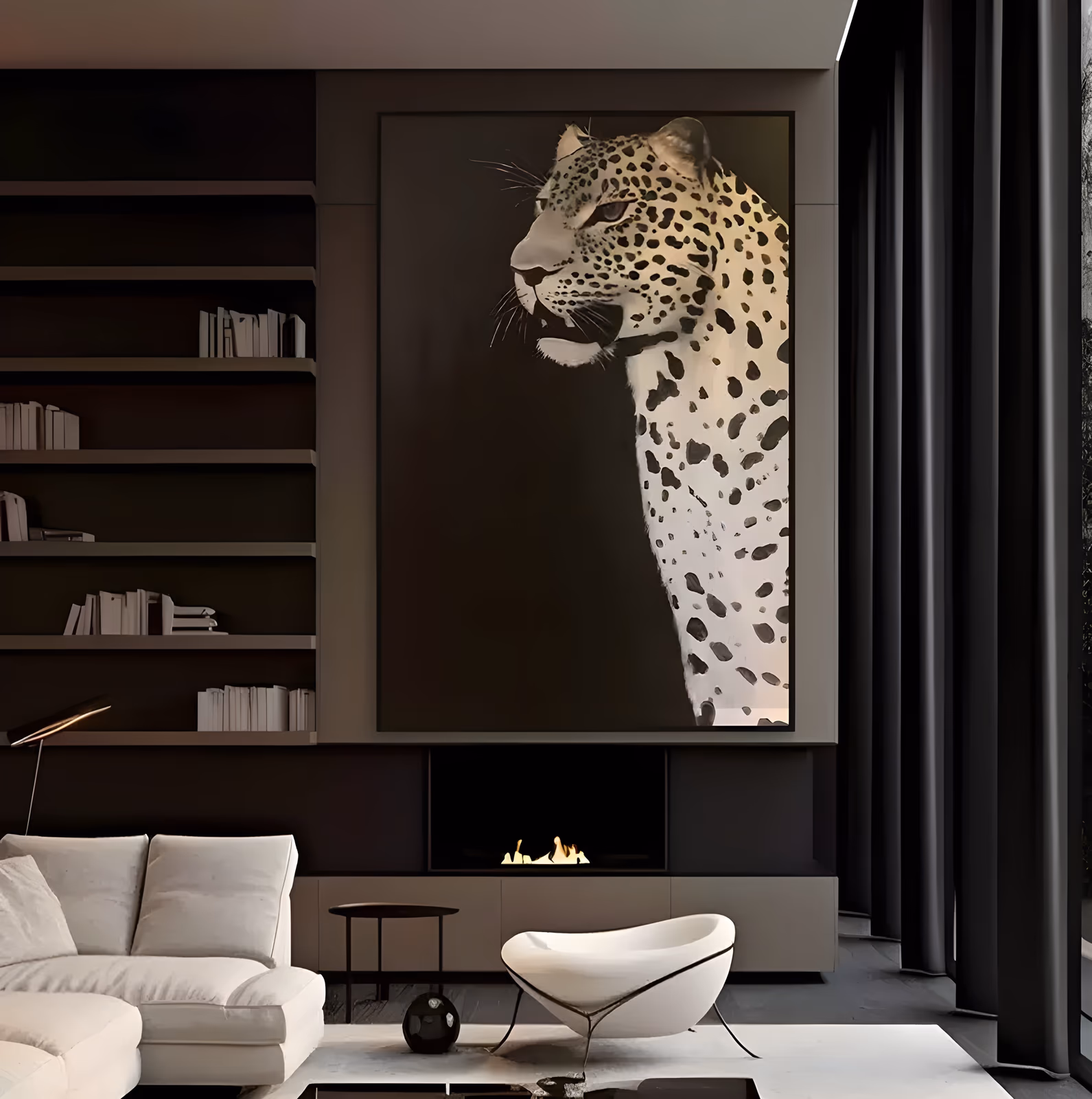 a large vertical animal painting of a leopard's head and shoulders in profile facing left, its cream coat covered in black rosettes and lit from above, set against a deep black ground, in fine hand-painted detail