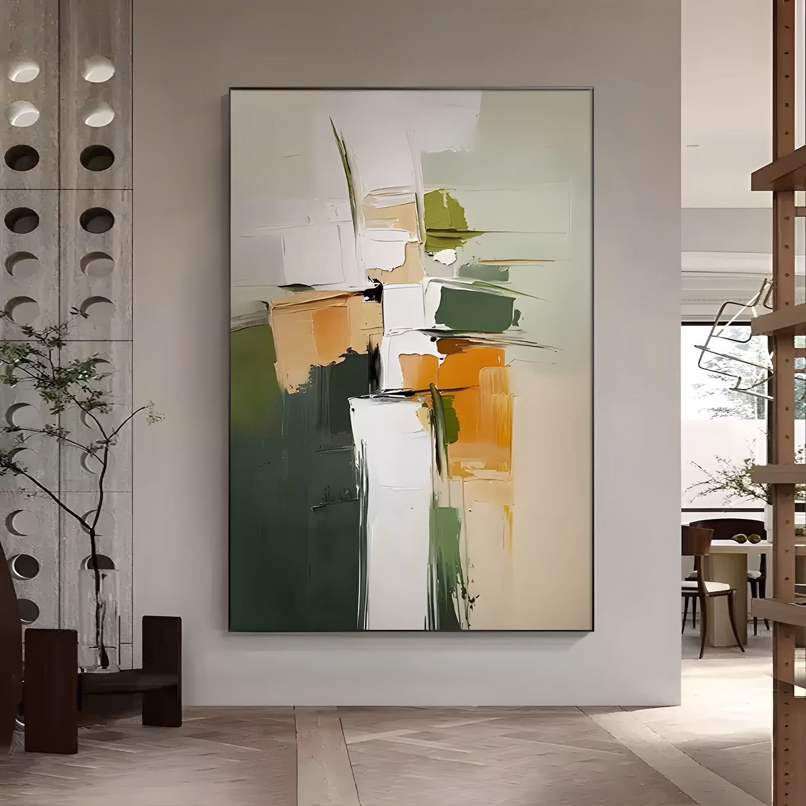 a large vertical abstract painting of stacked knife-painted blocks in forest green, sage, apricot orange and white, arranged in a loose column down the middle of a pale cream ground, in thick palette-knife oil