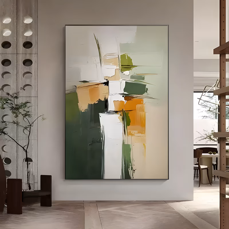 a large vertical abstract painting of stacked knife-painted blocks in forest green, sage, apricot orange and white, arranged in a loose column down the middle of a pale cream ground, in thick palette-knife oil