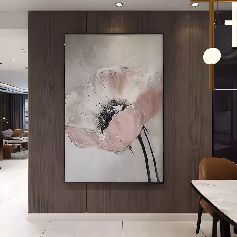 a large vertical textured floral painting of one pale pink poppy opening at the center with a black speckled heart and two thin dark stems below, on a soft gray-white ground, in dry-brushed thick paint