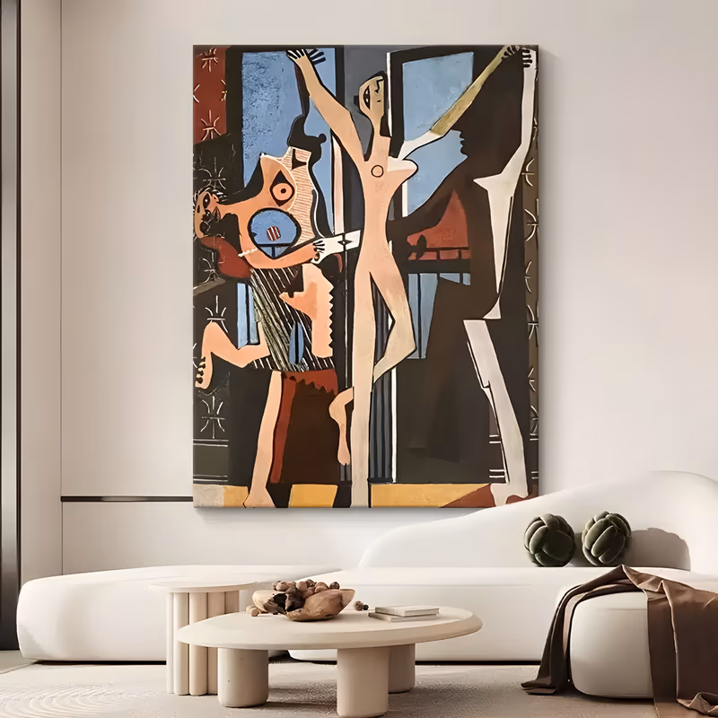 a large vertical cubist painting of three angular dancing figures in pink, tan and cream with arms raised, standing against blue window panels, dark brown walls and a yellow floor, in flat matte oil