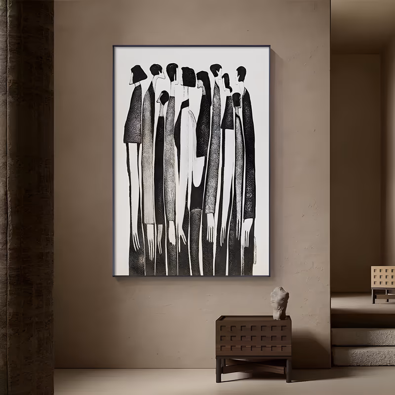 a large vertical abstract painting of about ten elongated stylized figures in black, gray and white, crowded together in the upper half with long thin arms hanging down, on a plain white ground, in matte acrylic