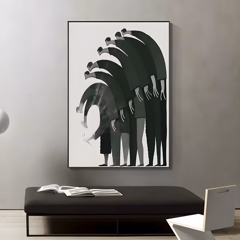 a large vertical painting of a row of tall dark green figures bending forward in an arc, the smallest at the front reaching toward a small white spark, set on a plain off-white ground in flat matte paint