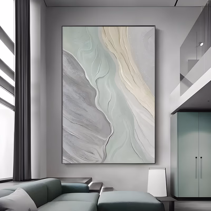 a tall vertical plaster relief painting of flowing ridged bands, a gray sweep in the lower left, a pale mint green channel through the middle and a cream ribbon on the right, all in carved raised texture