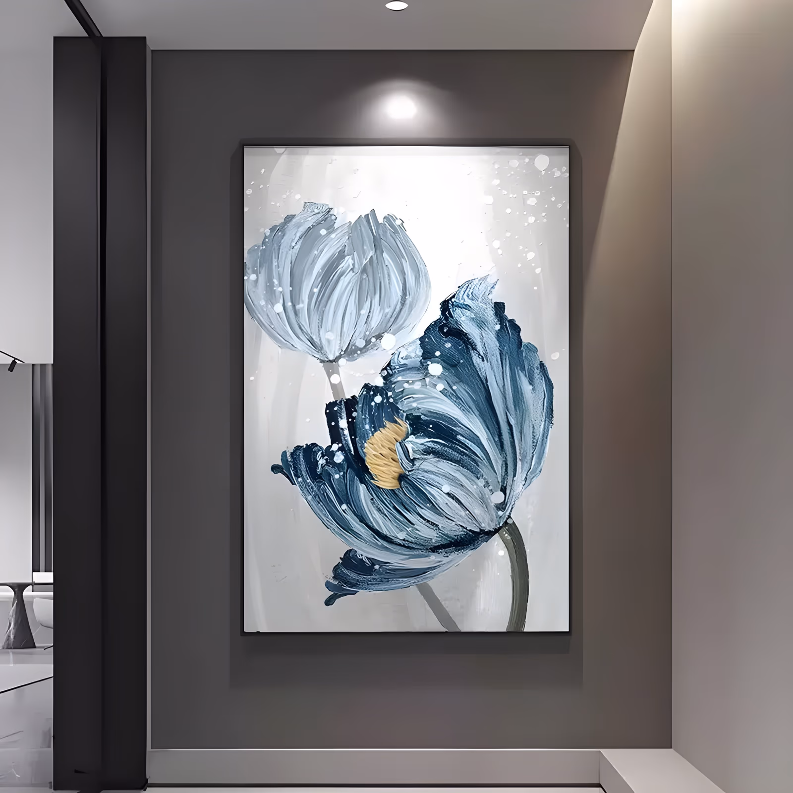 a large vertical impasto floral painting of two open tulip blooms in slate blue, teal and pewter gray with a gold ochre center, flecked with white splatter on a pale gray ground, in thick palette-knife acrylic