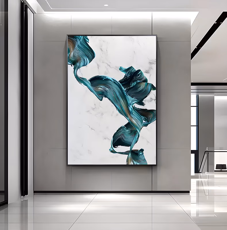 a large vertical abstract painting of one thick teal green brushstroke curling down the center like a ribbon, streaked with bronze and near-black, on a pale white and gray marble ground, in heavy sculpted impasto