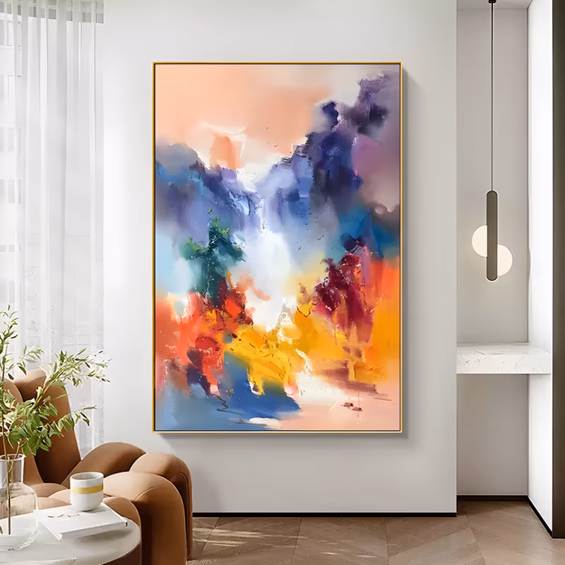 a large vertical abstract painting of a soft-edged mountain valley, with lilac and blue peaks on both sides of a pale misty gorge under a peach sky and a floor of yellow, red and orange, in blended oil