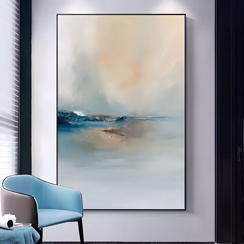 a large vertical impressionist painting of a hazy sea, with a dark teal wave band and a sandy taupe shoal at mid height under a cream and peach sky, in thin oil with small impasto crests