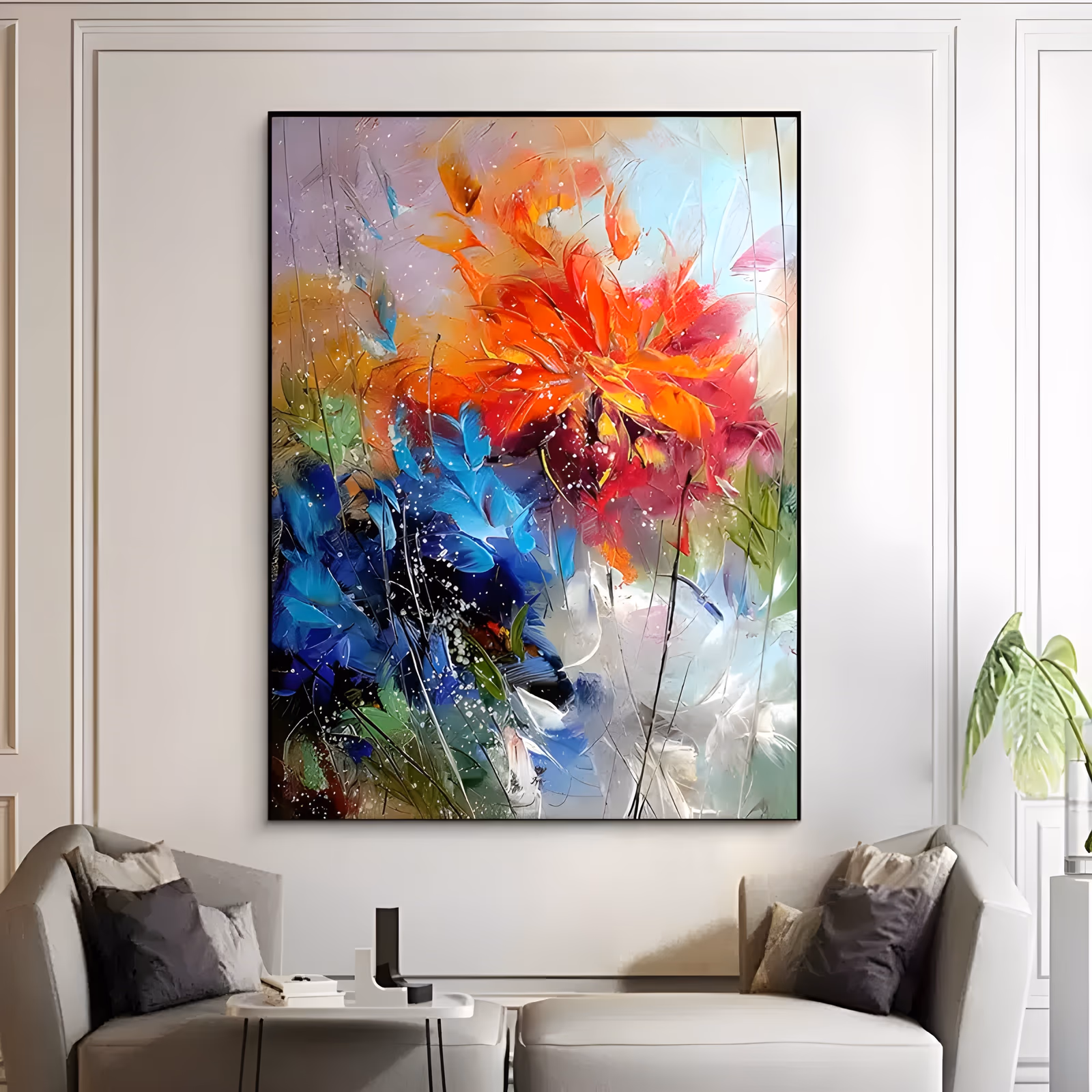 a large vertical abstract floral painting of a blazing red-orange bloom near the top, deep blue petals gathered at the lower left, and white splatter over a soft gray and cream ground, in fluid brushed acrylic