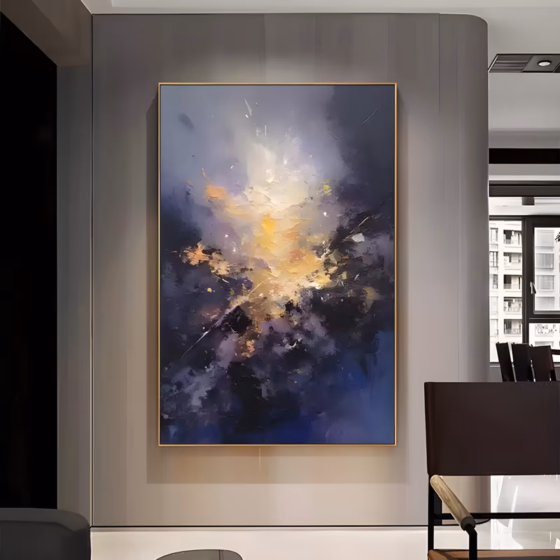 a large vertical abstract painting of a dark navy and purple cloud filling the canvas with a burst of gold and cream light breaking open at the center, worked in heavy palette-knife oil