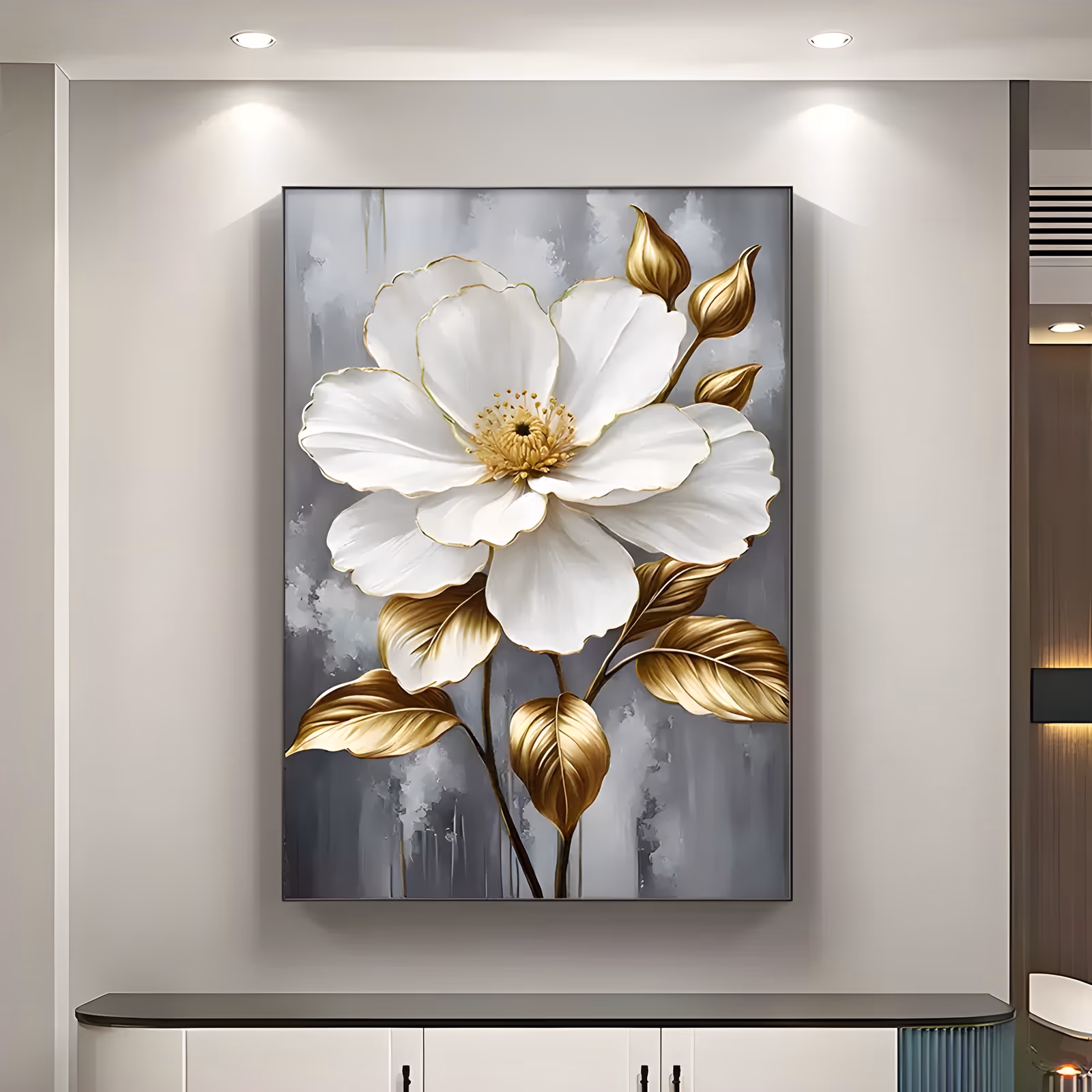 a large vertical floral painting of one open white camellia with soft yellow stamens at center, flanked by metallic gold leaves and buds, on a streaked gray and white ground in oil