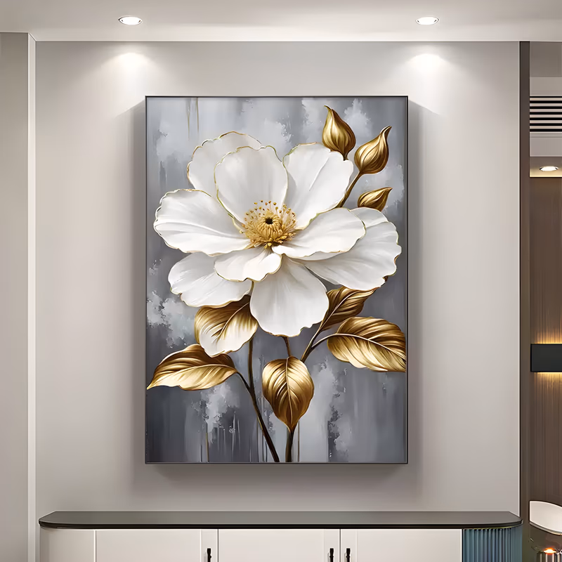 a large vertical floral painting of one open white camellia with soft yellow stamens at center, flanked by metallic gold leaves and buds, on a streaked gray and white ground in oil