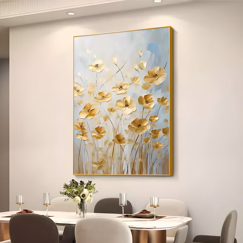a large vertical impasto floral painting of a loose field of golden poppies on slender stems standing against a pale blue and cream sky, petals built from thick palette-knife strokes