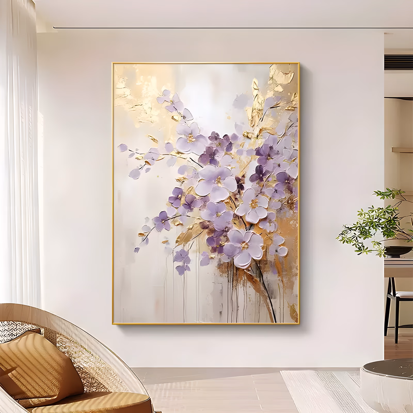 a large vertical floral painting of lilac and purple blossoms on slim branches, opening from the lower right with gold leaf patches behind them on a white ground, in thick paint and gilding