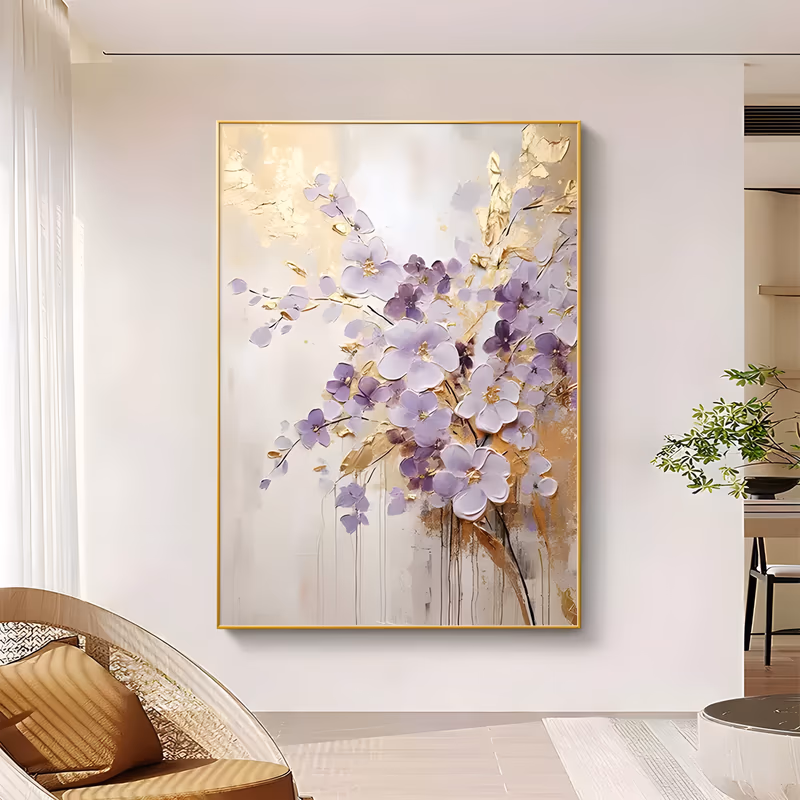 a large vertical floral painting of lilac and purple blossoms on slim branches, opening from the lower right with gold leaf patches behind them on a white ground, in thick paint and gilding