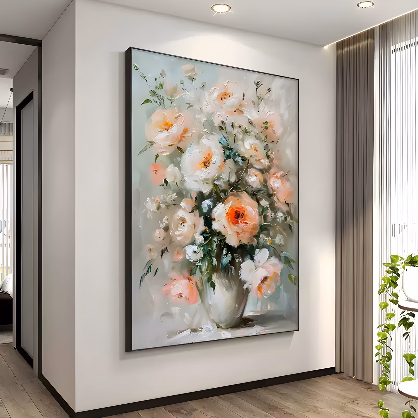 a large vertical impressionist painting of peach, apricot and ivory roses spilling out of a pale gray vase at the lower center, with dark green leaves and a soft misty background, in thick hand-painted oil