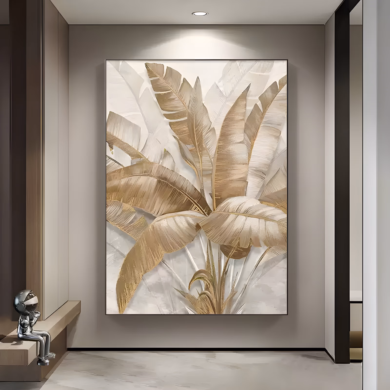 a large vertical textured botanical painting of a fanning cluster of banana leaves in gold, tan and cream rising from the lower center against a pale gray ground, worked in thick knife-laid paint