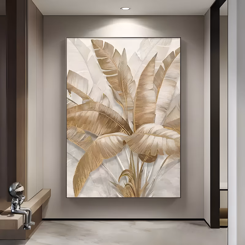 a large vertical textured botanical painting of a fanning cluster of banana leaves in gold, tan and cream rising from the lower center against a pale gray ground, worked in thick knife-laid paint